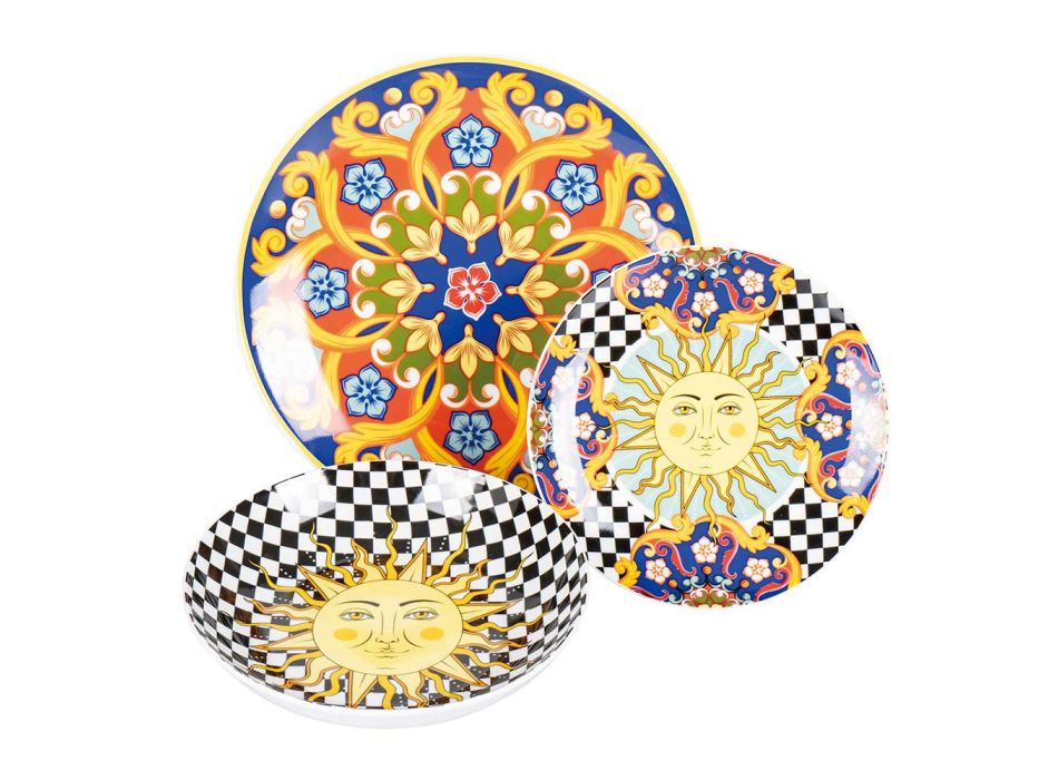 18 Porzellanteller mit von der Sonne inspirierten Dekorationen - Farbe Viadurini