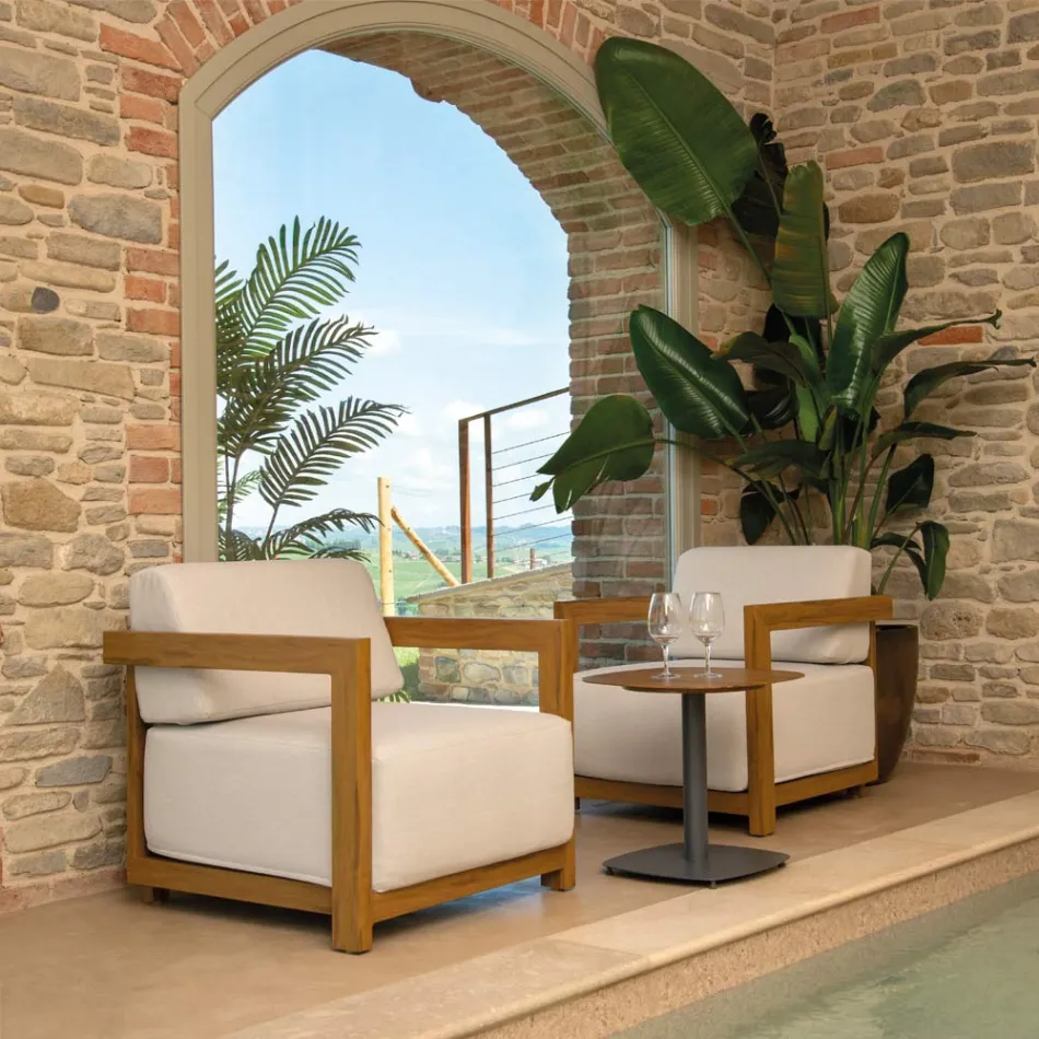 2 Sessel mit Aluminiumtisch mit Thermotransfer-Holzeffekt - Camper Viadurini