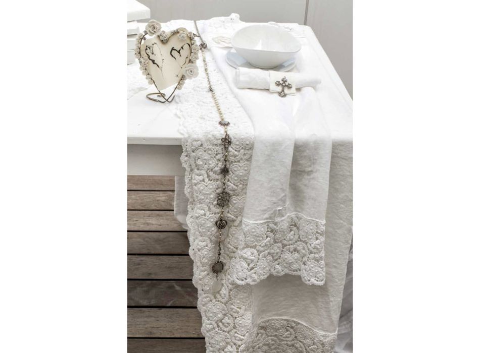 2 Tischläufer aus 100 % Leinen mit luxuriöser weißer Spitze, hergestellt in Italien – Trionfo Viadurini