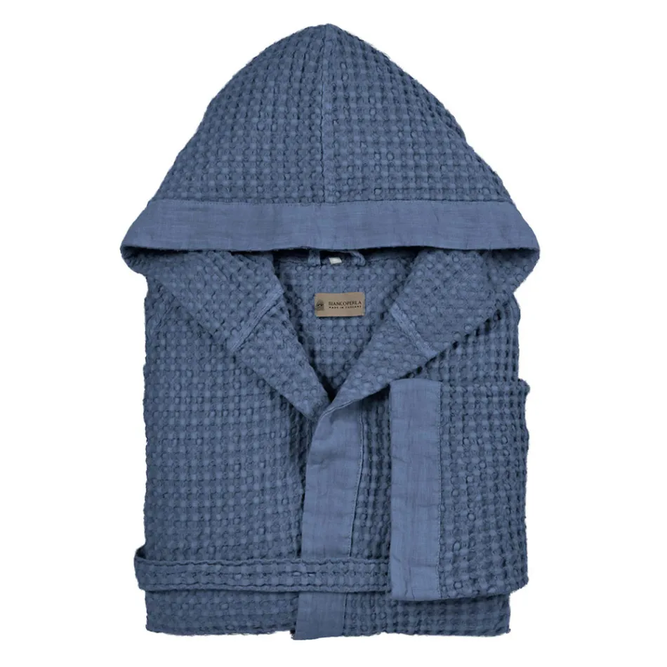 Bademantel mit Kapuze und Leinenrüsche aus Baumwollwabenmuster – Plüsch Viadurini