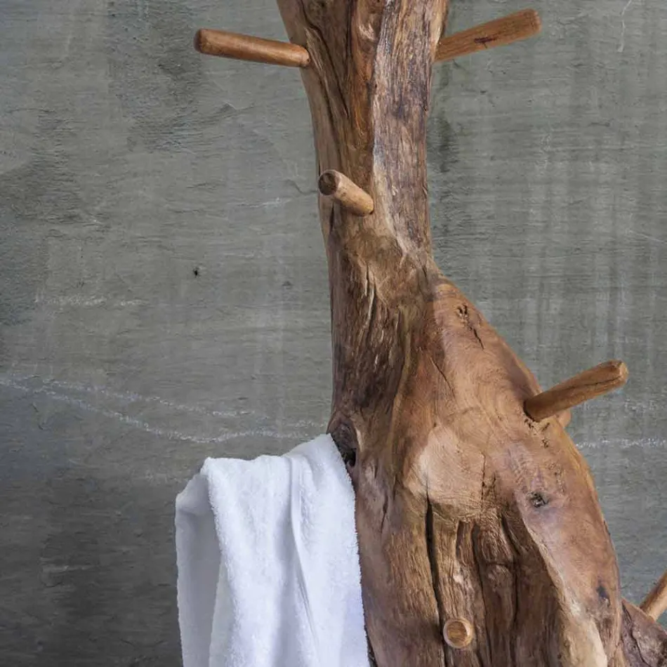 Kleiderständer mit Struktur und Haken aus massivem Teakholz - Tanne Viadurini