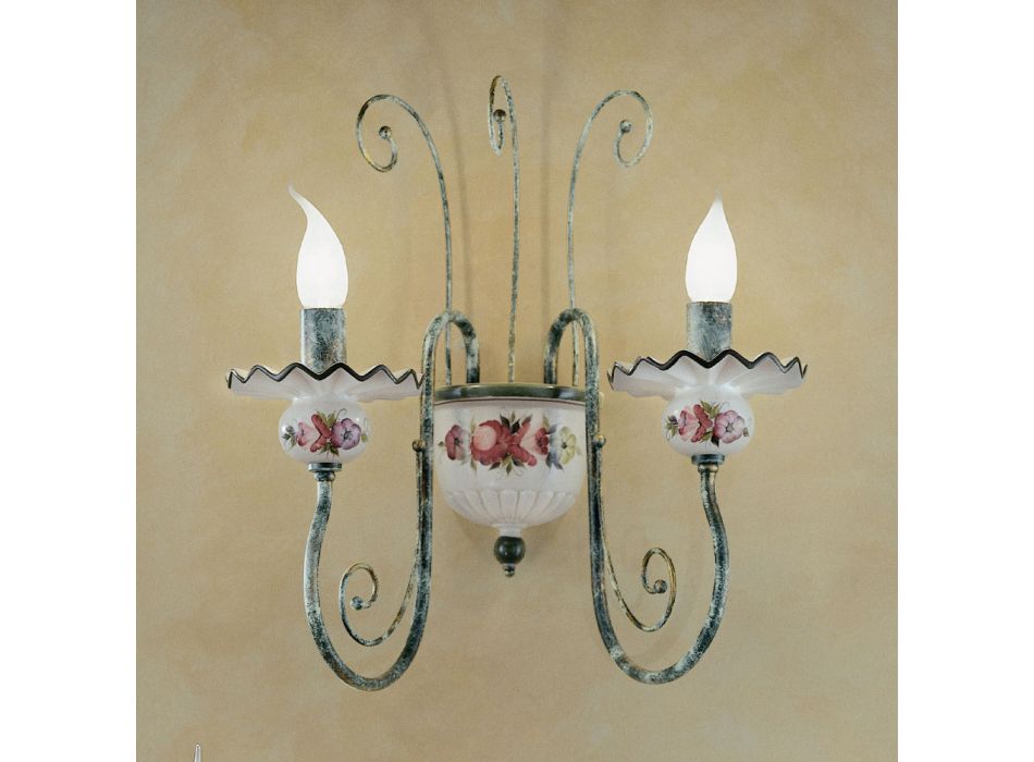 Wandleuchte mit 2 Lichtern aus handverzierter Keramik und antikem Messing - Sanremo Viadurini