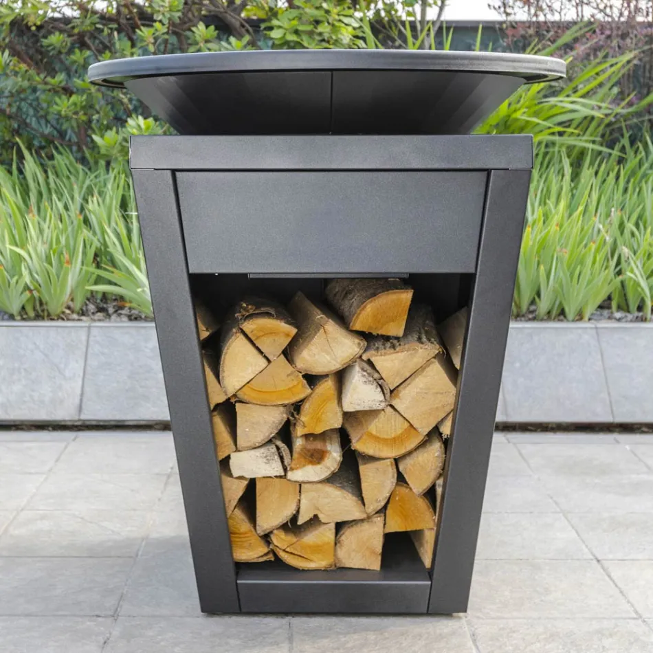 Gartengrill mit Feuerbetrieb, Kochplatte und Holzhalterung - Ferran Viadurini