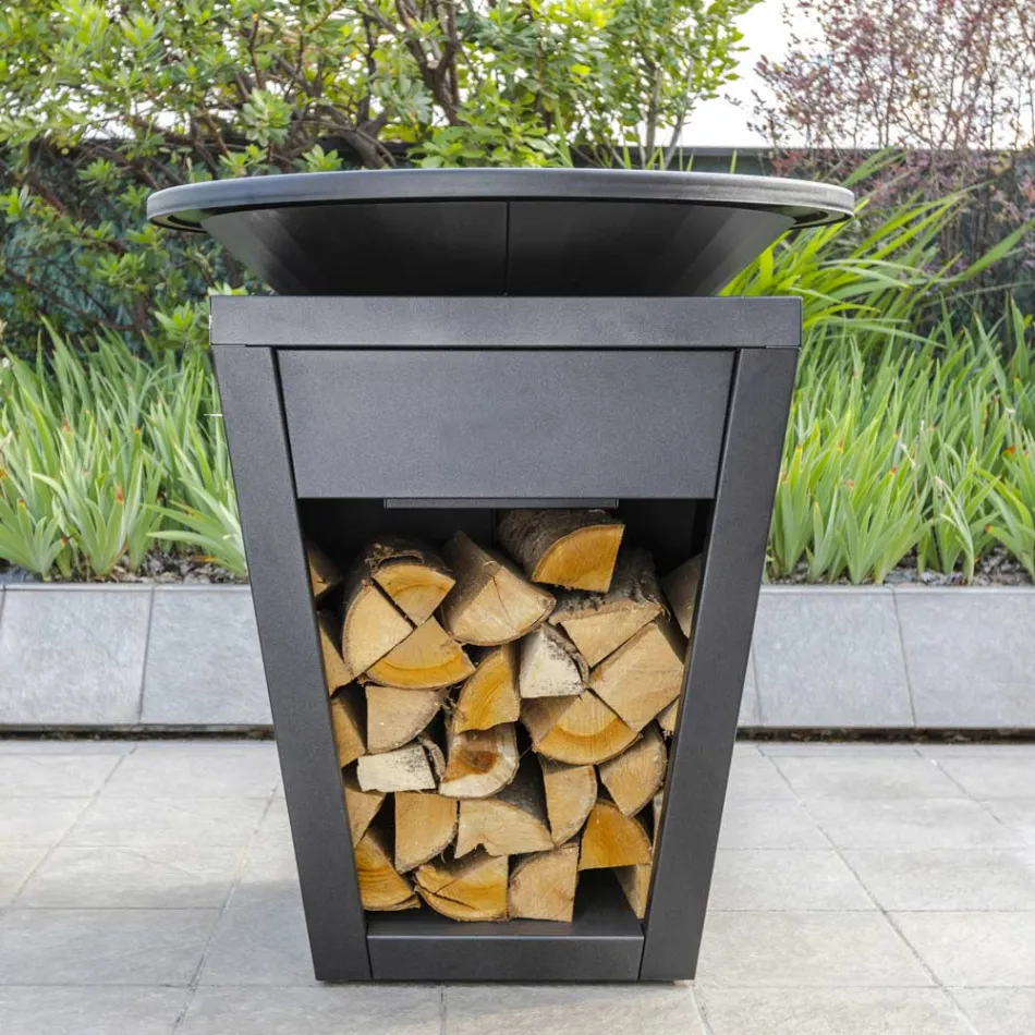 Gartengrill mit Feuerbetrieb, Kochplatte und Holzhalterung - Ferran Viadurini