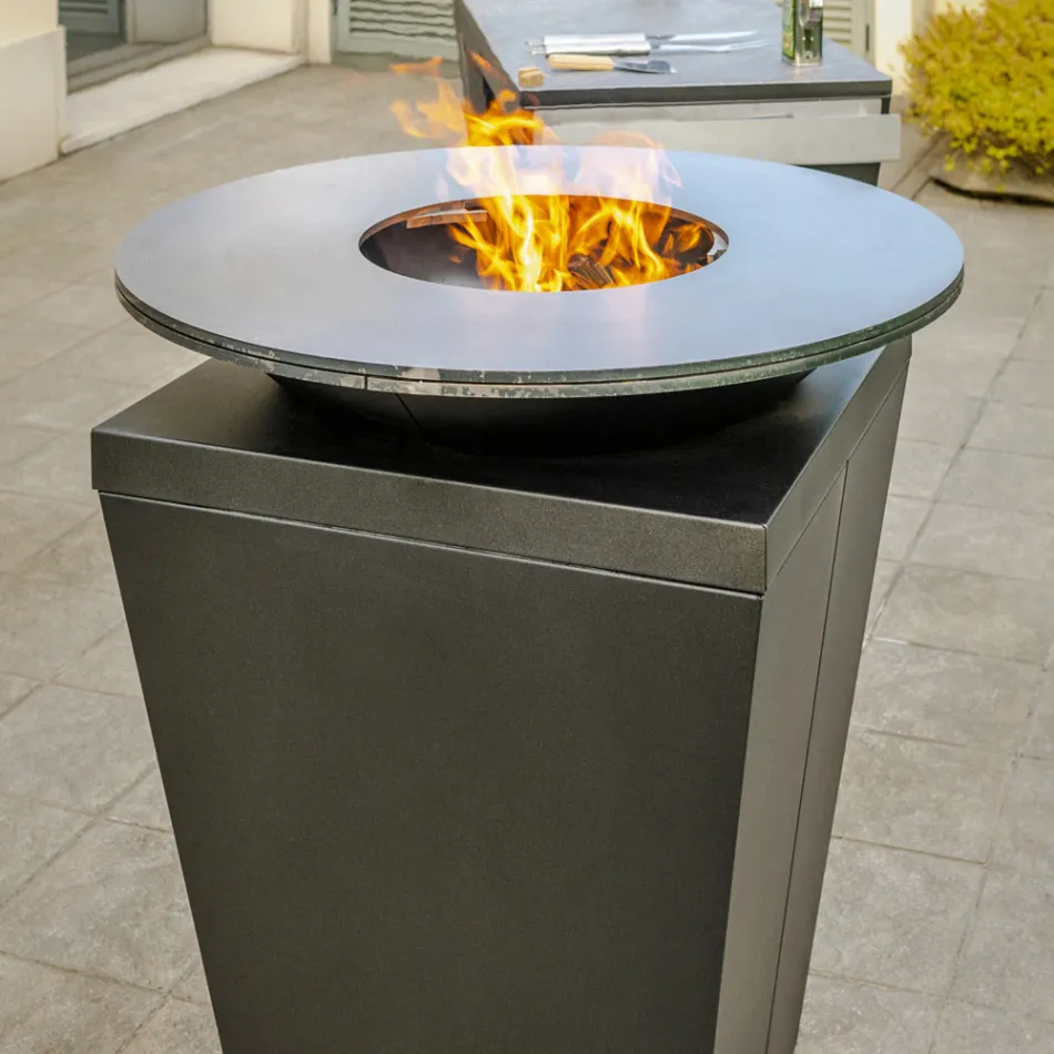 Gartengrill mit Feuerbetrieb, Kochplatte und Holzhalterung - Ferran Viadurini