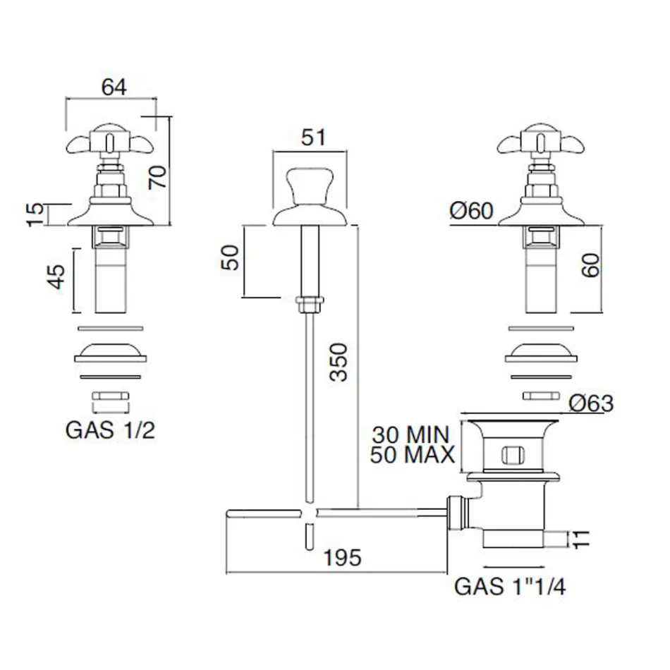 3-Loch-Bidetmischer mit internem Messingzulauf und Butterfly-Griffen – Miriano Viadurini