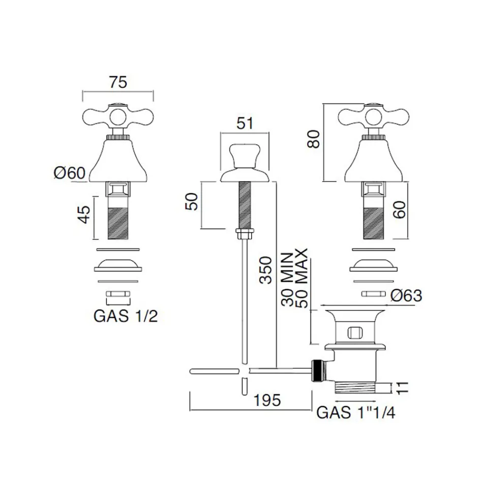 3-Loch-Bidetmischer mit Abfluss, interne Lieferung, handgefertigtes Messing – Ercolina Viadurini