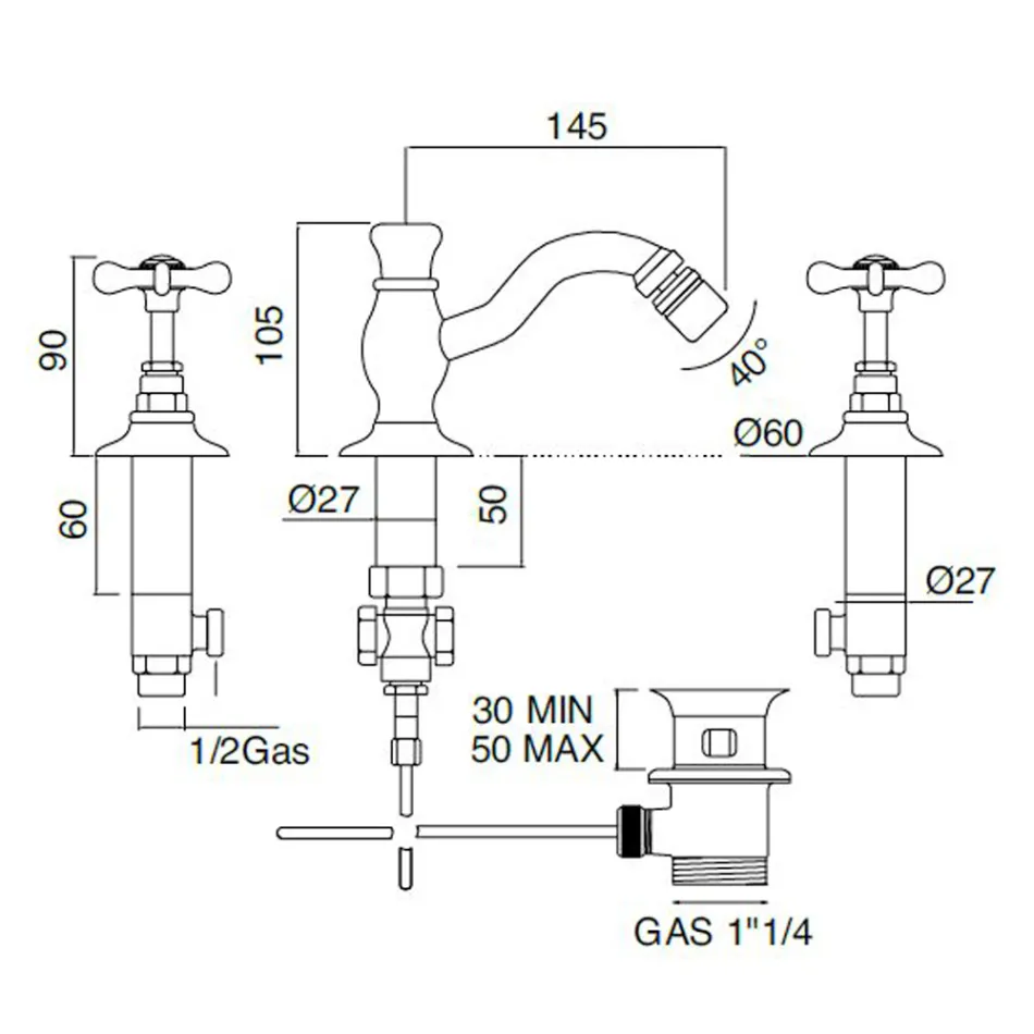 3-Loch-Bidetmischer mit klassischem handgefertigtem Messing-Ablaufgarnitur – Fioretta Viadurini