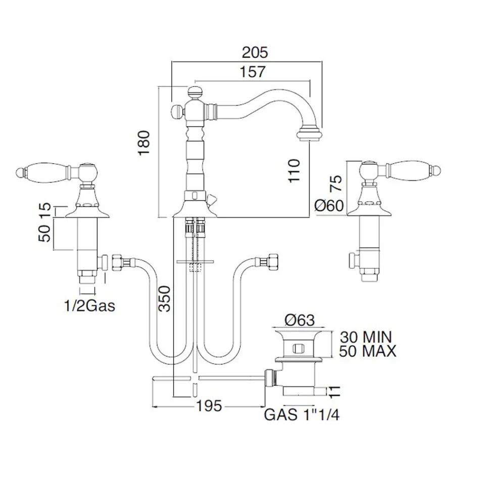 3-Loch-Waschtischarmatur mit Messingablauf im klassischen handgefertigten Stil – Noriana Viadurini