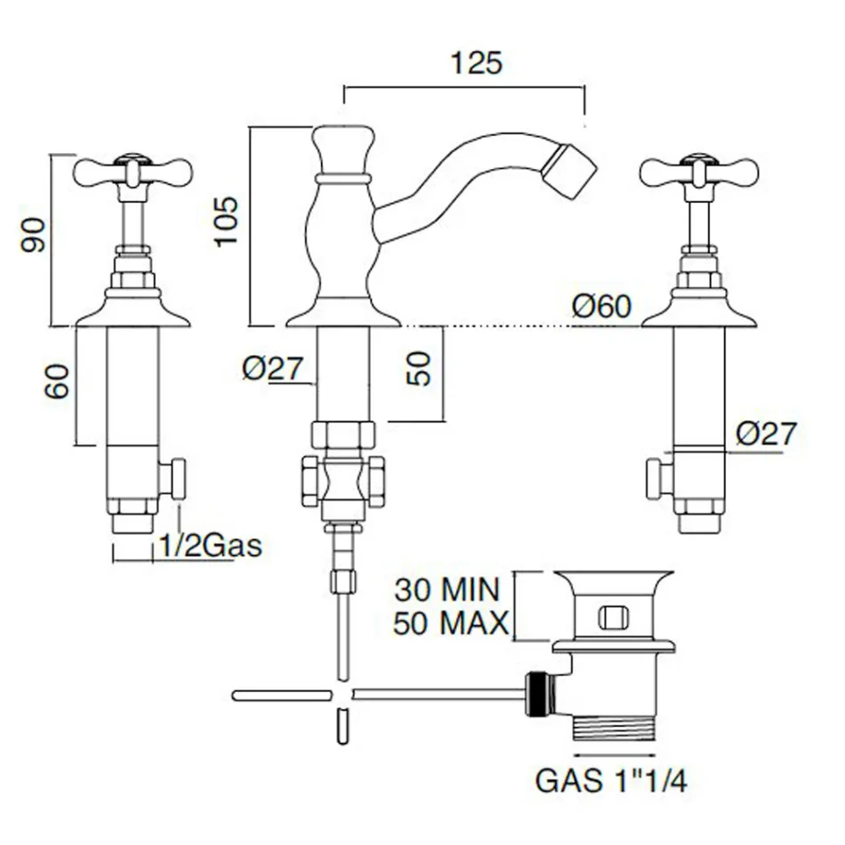 3-Loch-Waschtischmischer mit klassischem handgefertigtem Messingablauf – Fioretta Viadurini