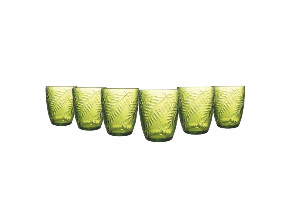 Wassergläser aus transparentem oder grünem Glas und Blattdekoration 12 Stück - Tropeo Viadurini
