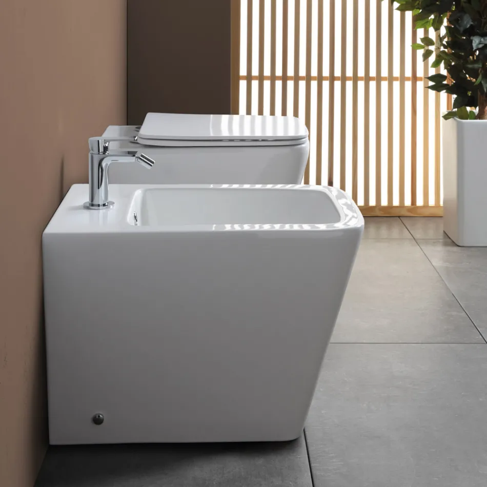 Bodenbidet mit einem Hahnloch aus weißer Keramik in elegantem, modernem Design – Giunco Viadurini