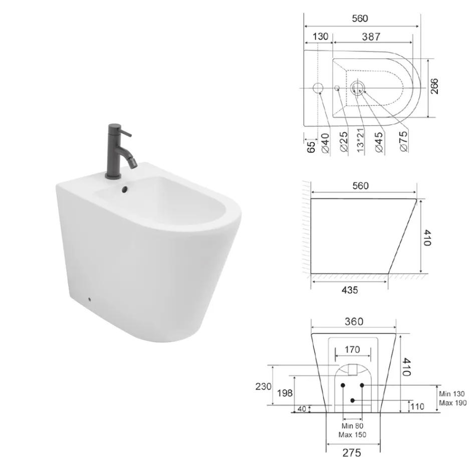 Salice Standbidet mit einem Hahnloch aus weißer Keramik in elegantem, modernem Design Viadurini