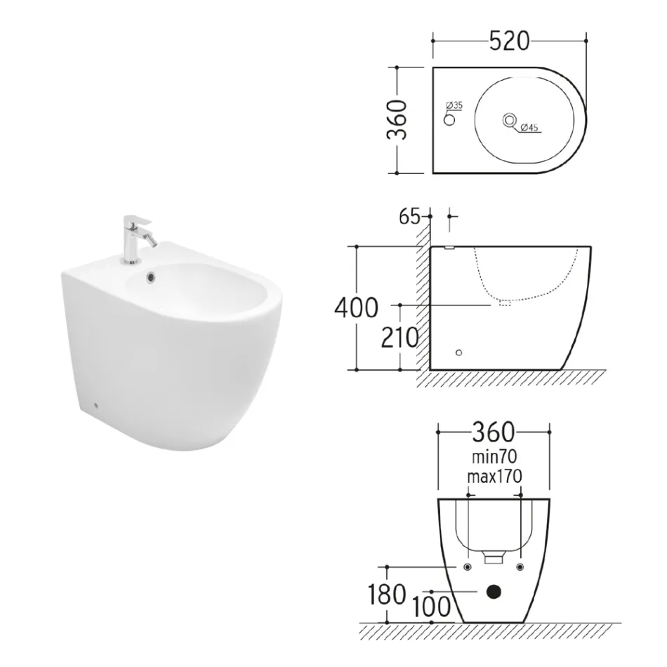 Aster Standbidet mit einem Hahnloch aus strapazierfähiger weißer Keramik in modernem Design Viadurini