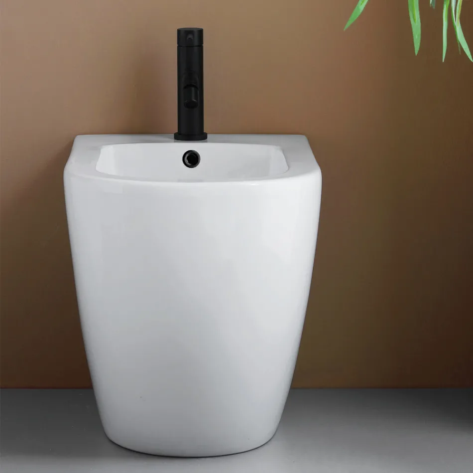Bodenmontiertes Einloch-Bidet aus strapazierfähiger, weißer Keramik in modernem Design – Olmo Viadurini