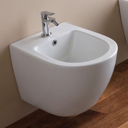 Wandhängendes Bidet mit einem Hahnloch aus weißer Keramik in modernem Design – Ginepro Viadurini