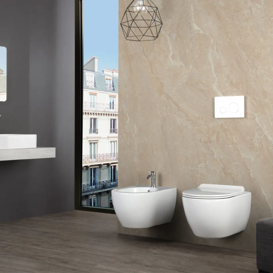 Aster – Wandhängendes Bidet aus robuster, weißer Keramik mit modernem Design Viadurini