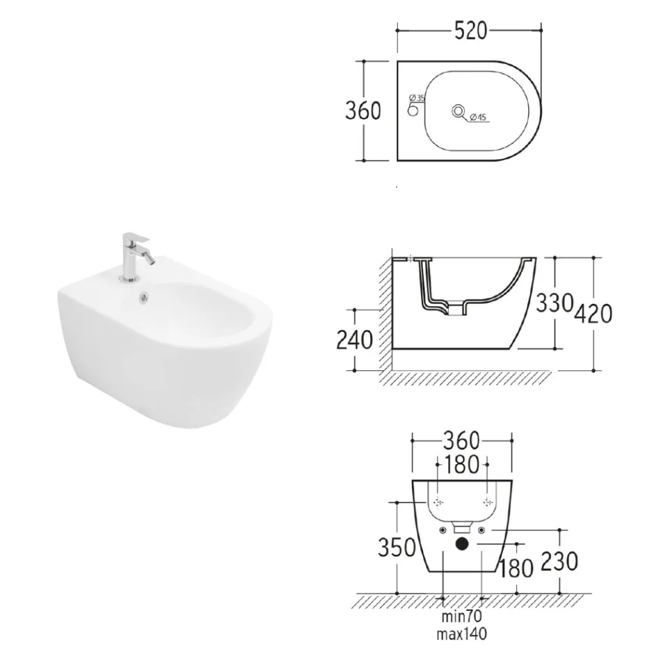 Aster – Wandhängendes Bidet aus robuster, weißer Keramik mit modernem Design Viadurini