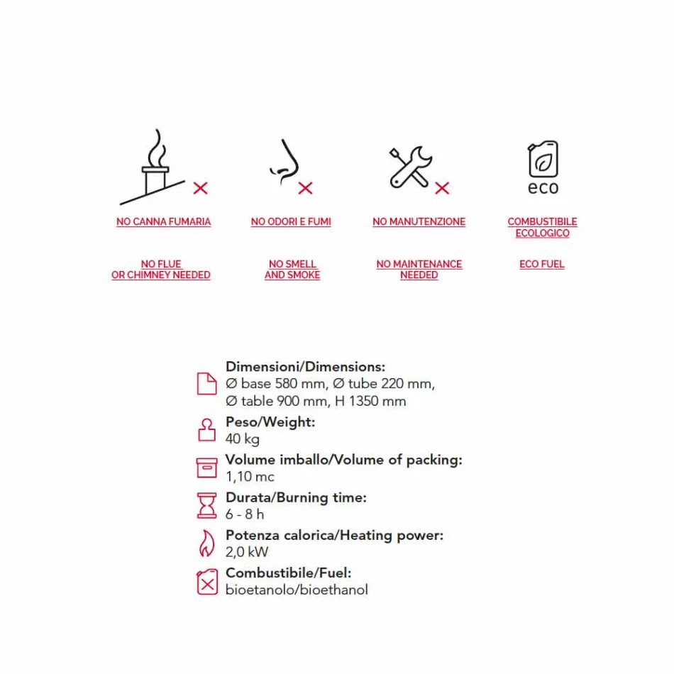 Biocamino Außen Bioethanol mit Glasplatte Dean-Tabelle Viadurini