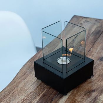 Bio-Tischkamin aus gehärtetem Glas mit Sockel aus schwarzem Metall - Coriano
