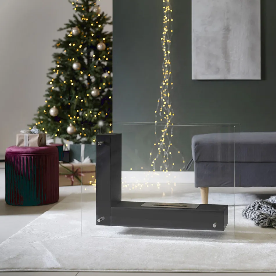 Bodenbiokamin mit doppelseitiger Struktur aus Glas und schwarzem Metall – Squillo Viadurini