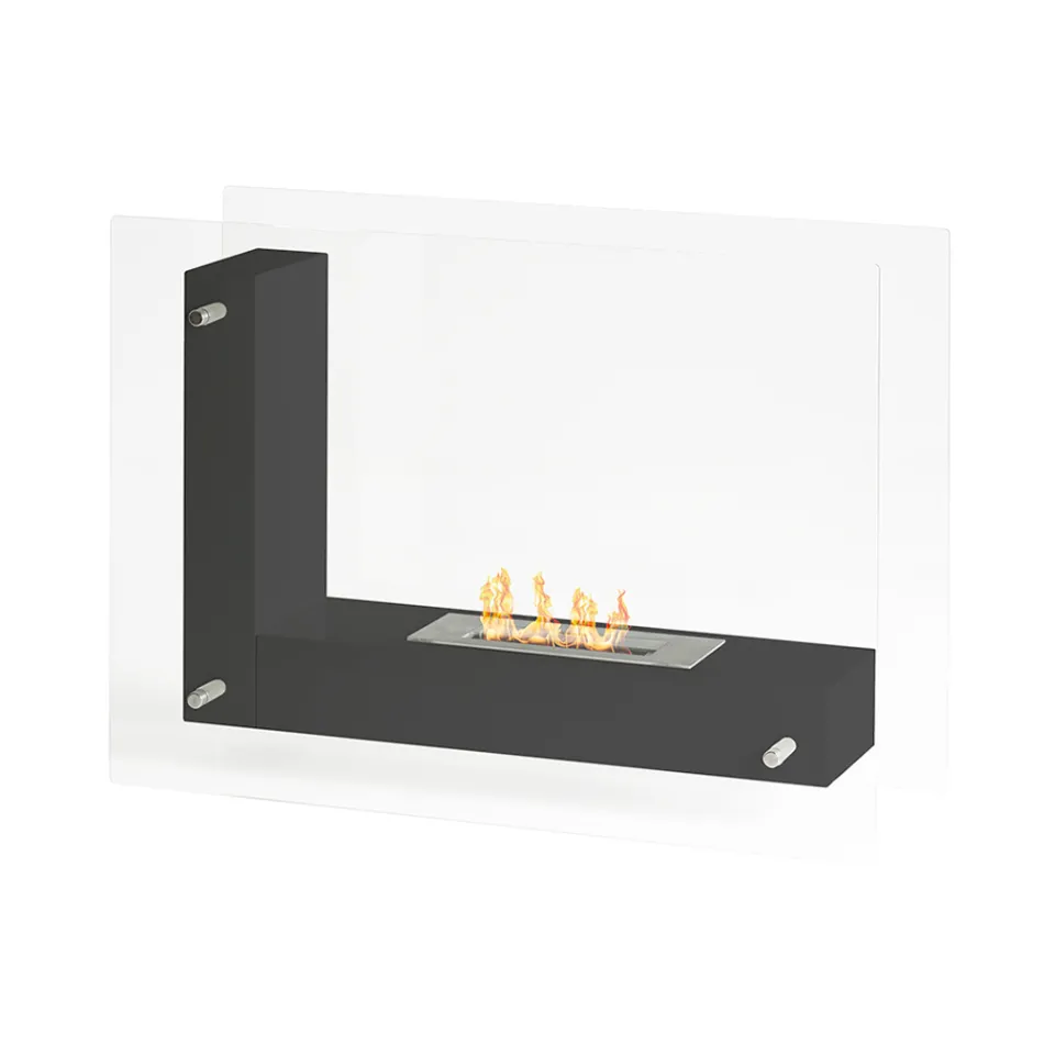 Bodenbiokamin mit doppelseitiger Struktur aus Glas und schwarzem Metall – Squillo Viadurini