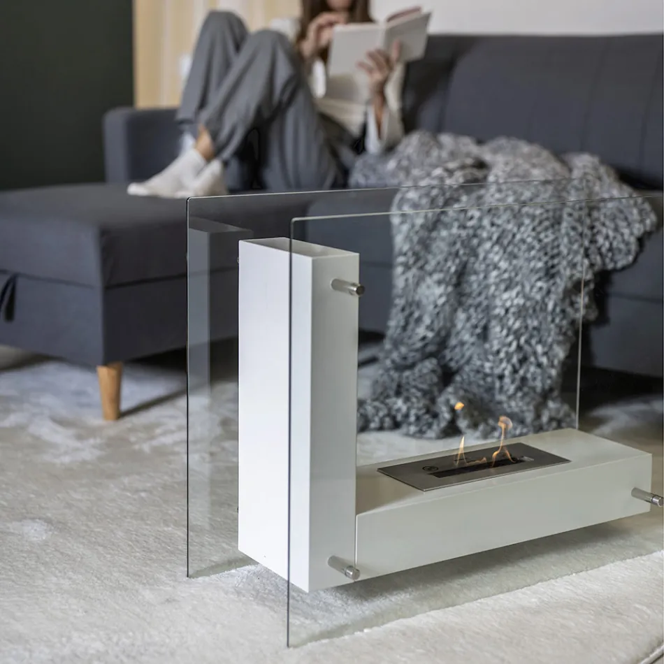 Boden-Biokamin mit doppelseitiger Struktur aus Glas und Metall - Planeto Viadurini