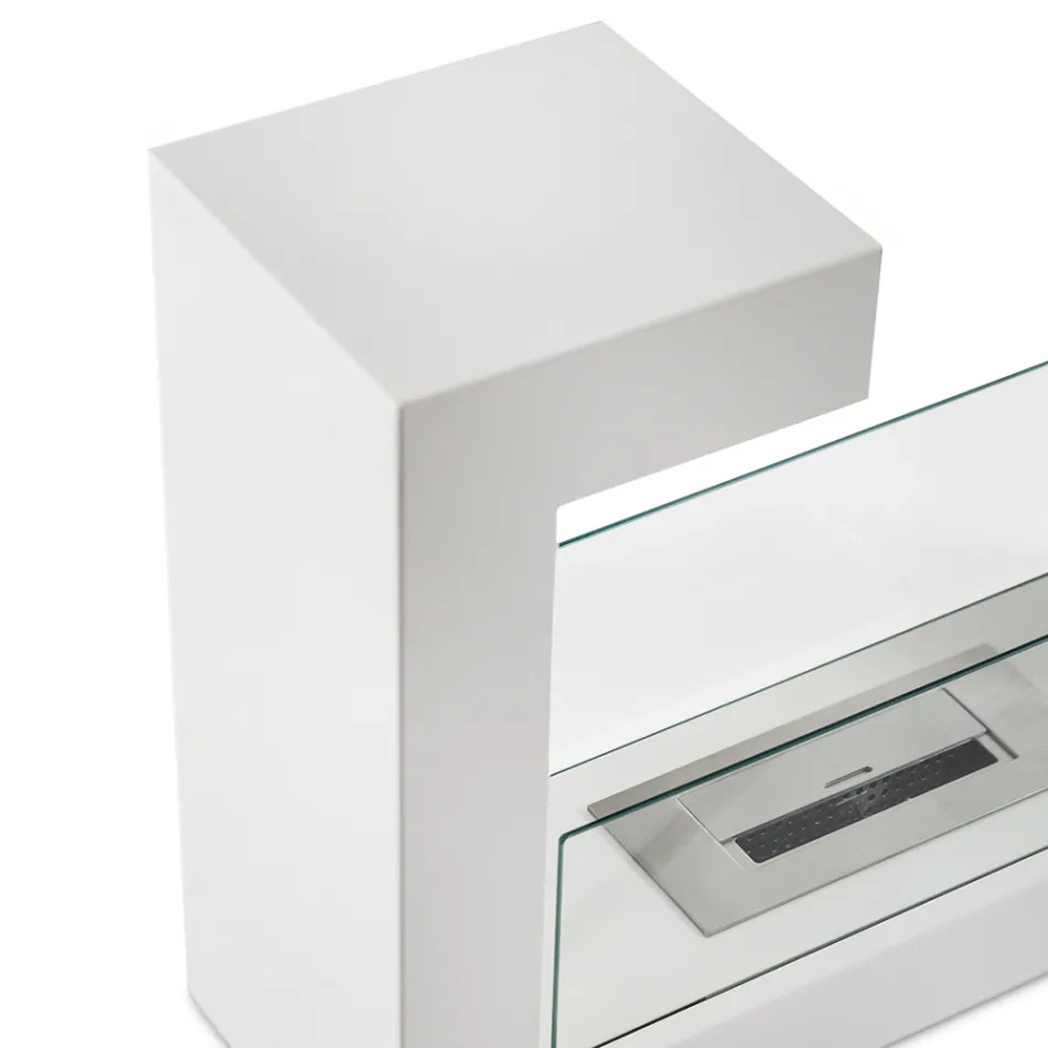 Bio-Bodenkamin aus weiß lackiertem Metall und gehärtetem Glas - Pelide Viadurini