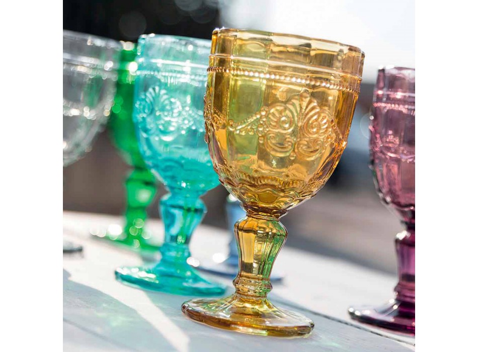 Farbige Weinkelche aus Glas mit Arabescato-Dekoration, 12-teiliger Service - Schraube Viadurini
