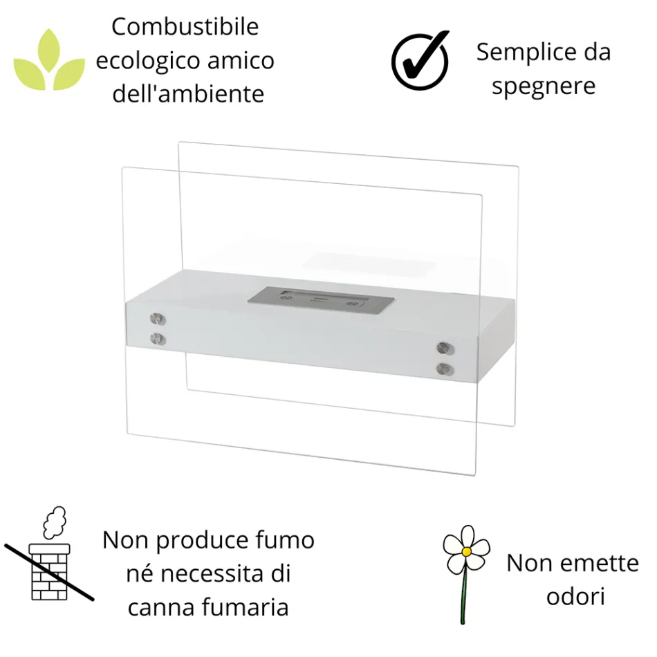 Bioethanol-Bodenkamin aus weißem Metall und gehärtetem Glas – Timon Viadurini