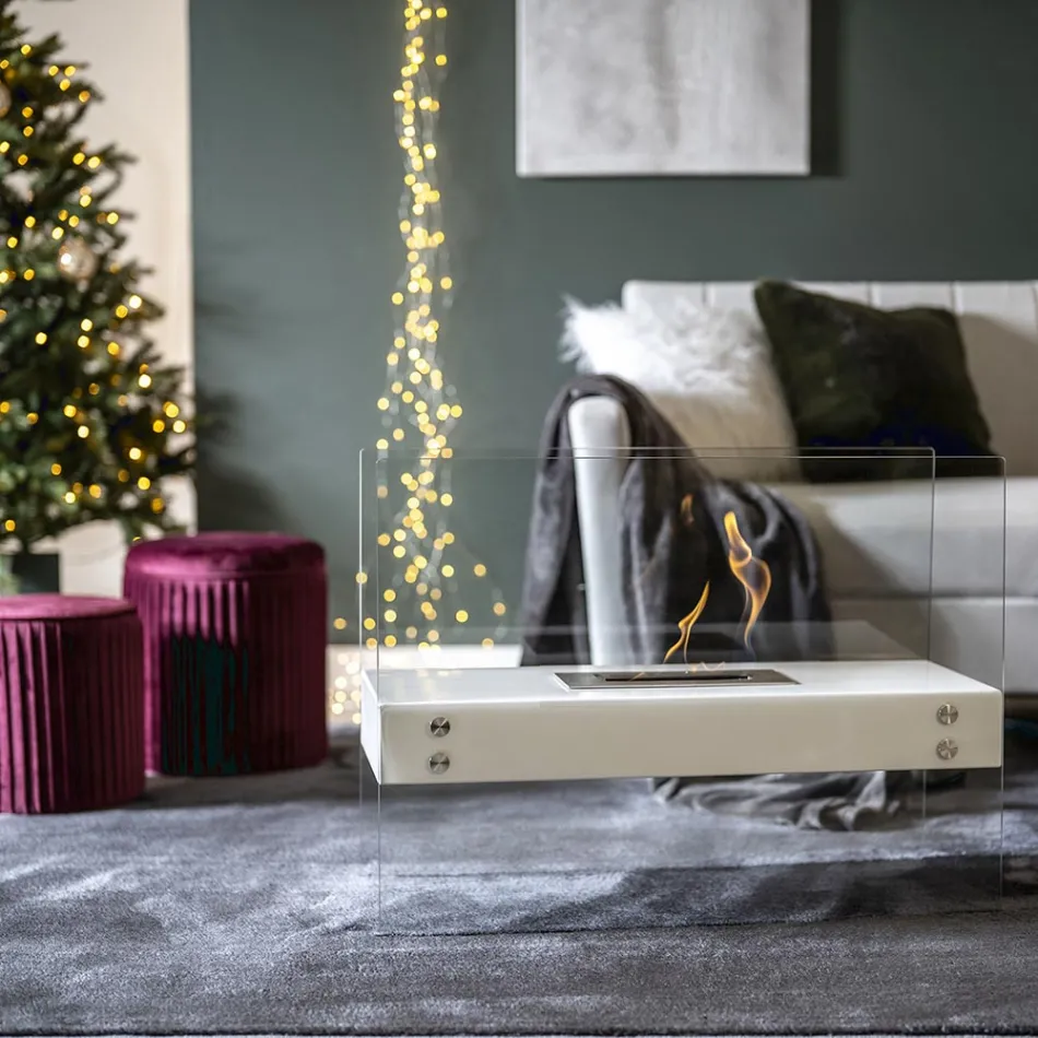Bioethanol-Bodenkamin aus weißem Metall und gehärtetem Glas – Timon Viadurini