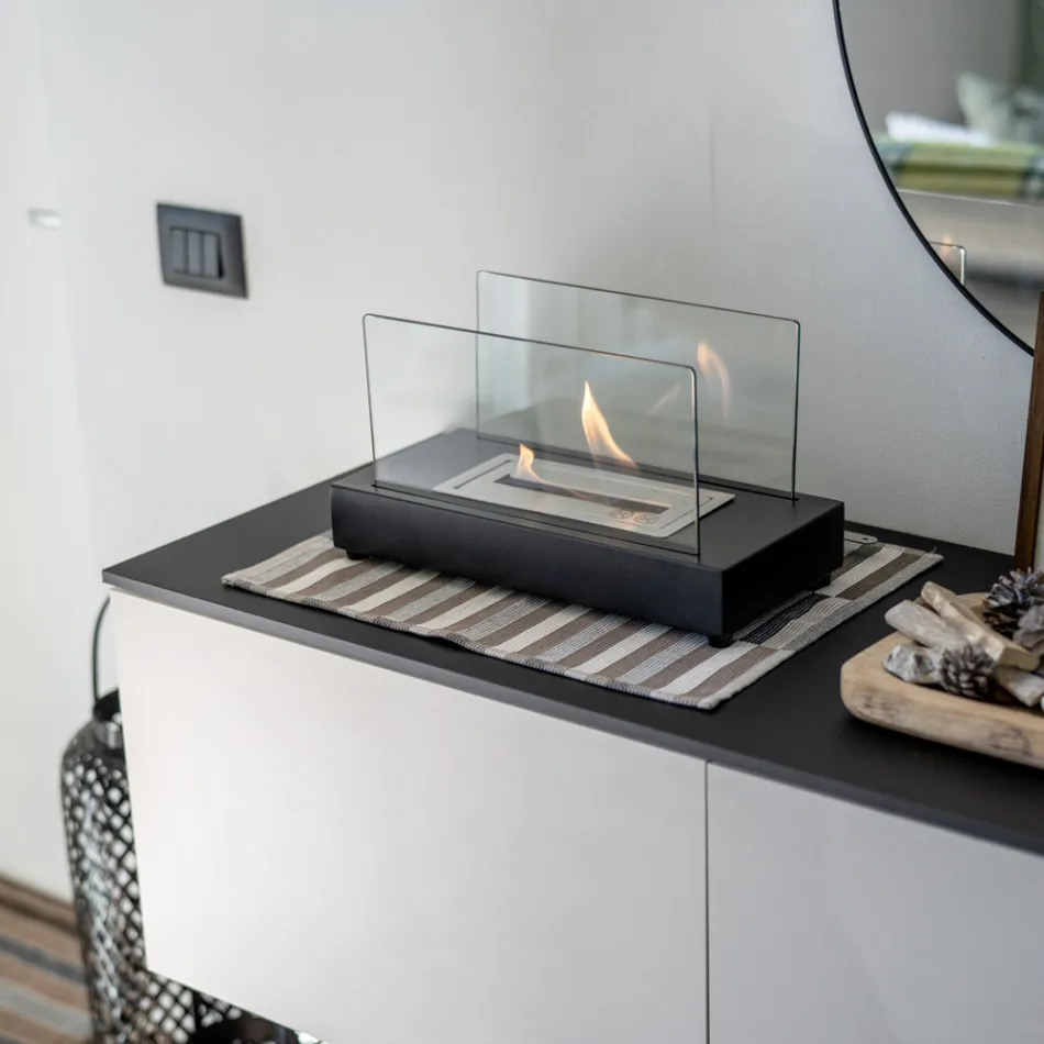 Bioethanol-Tischkamin aus gehärtetem Glas und Metall – Silber Viadurini