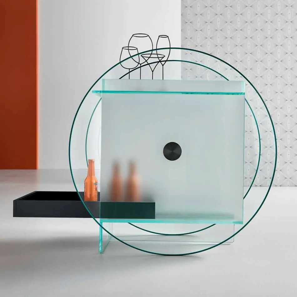 Barwagen aus extra klarem Glas mit Rollen und herausziehbarem Tablett - Pigolo Viadurini