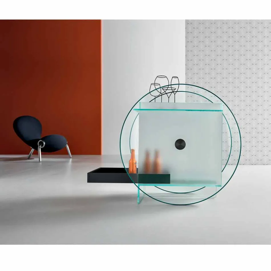 Barwagen aus extra klarem Glas mit Rollen und herausziehbarem Tablett - Pigolo Viadurini