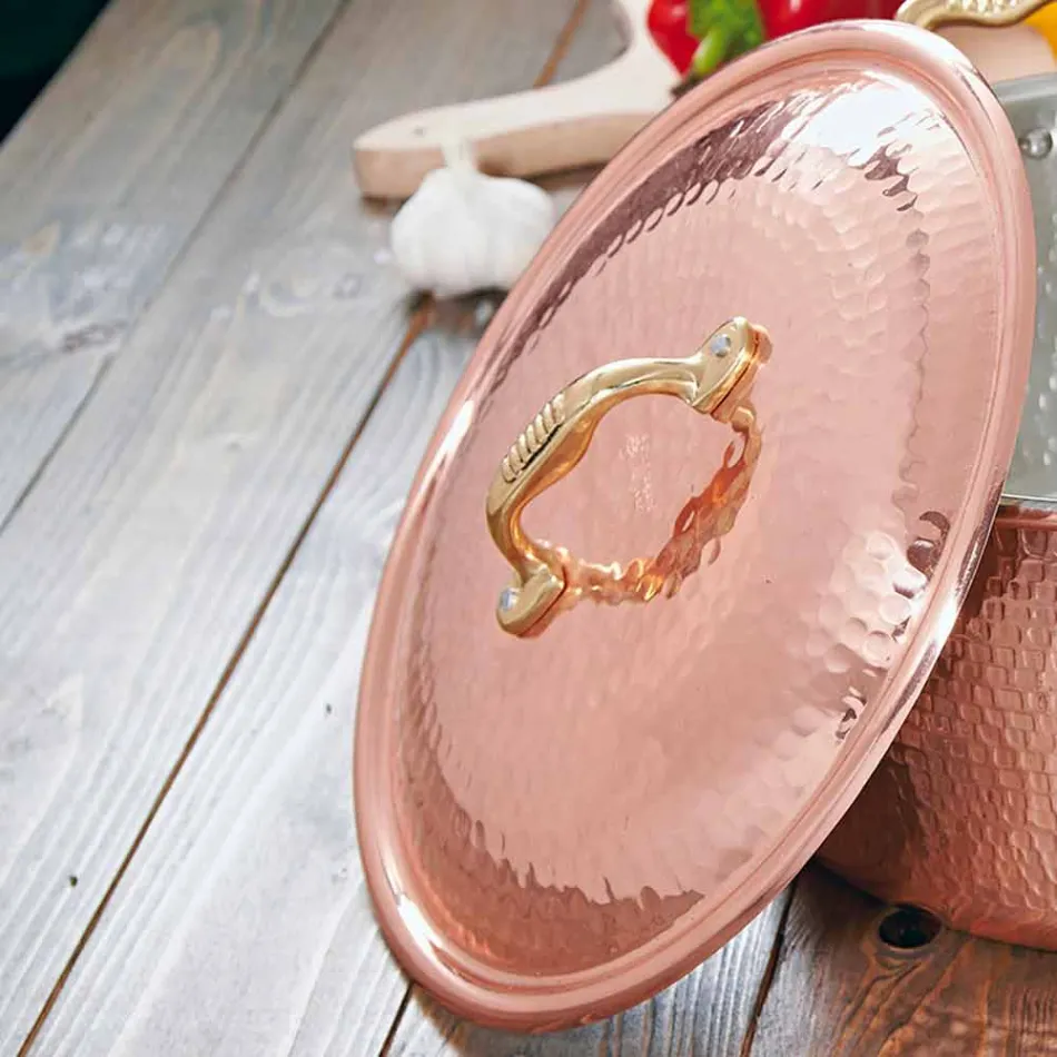 Niedriger Bräter aus verzinntem Kupfer von Hand rund mit 2 Griffen 24 cm - Gianfranco Viadurini