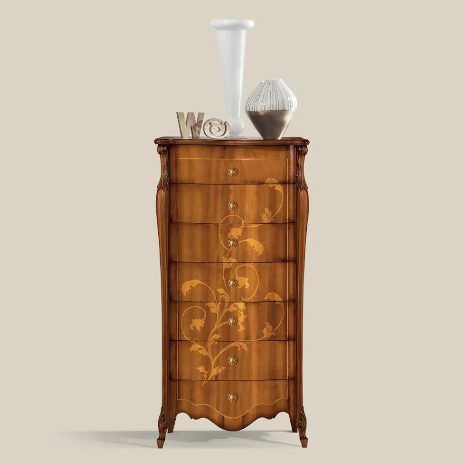 Kommode mit 7 Schubladen aus Walnussholz mit Intarsien Made in Italy - Commodus Viadurini