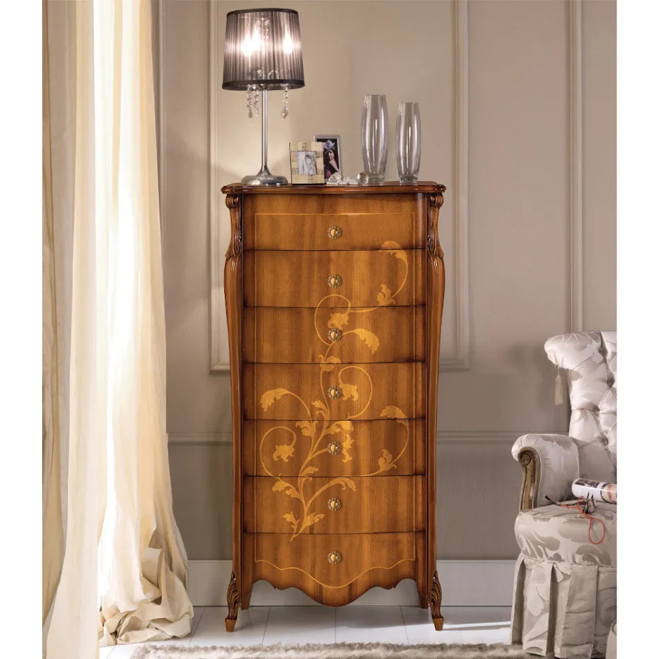 Kommode mit 7 Schubladen aus Walnussholz mit Intarsien Made in Italy - Commodus Viadurini