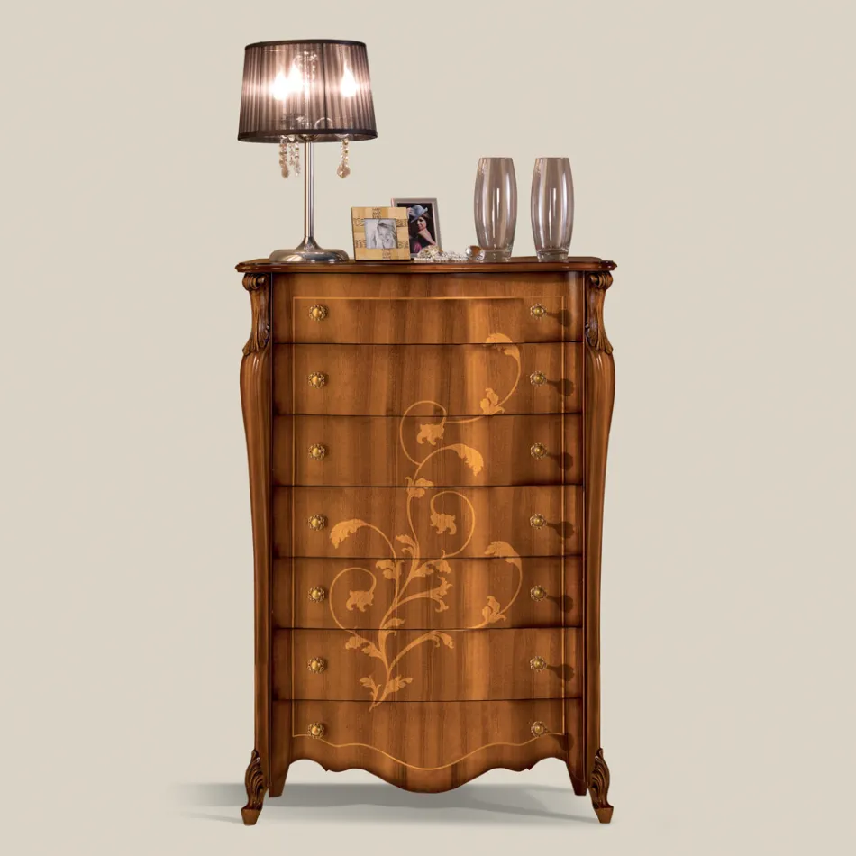 Kommode mit 7 Schubladen aus Walnussholz mit Intarsien Made in Italy - Commodus Viadurini