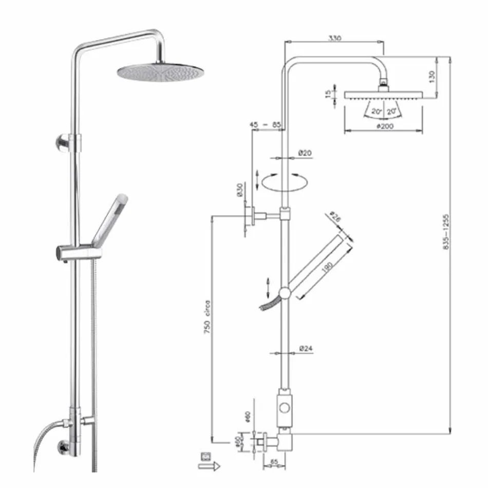 Rundschnitt-Duschsäule aus Messing mit Handbrause Made in Italy - Amadeo Viadurini