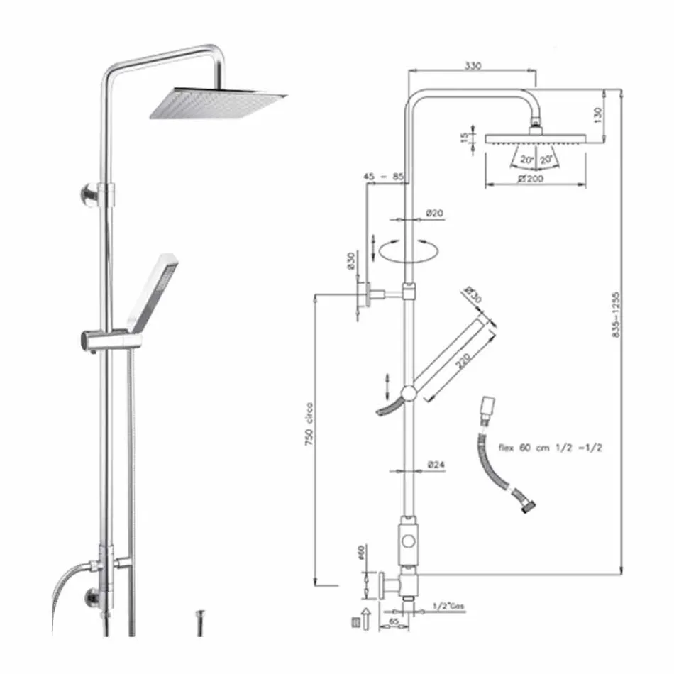 Duschsäule aus Messing mit Duschkopf und Handbrause in Abs Made in Italy - Lesio Viadurini