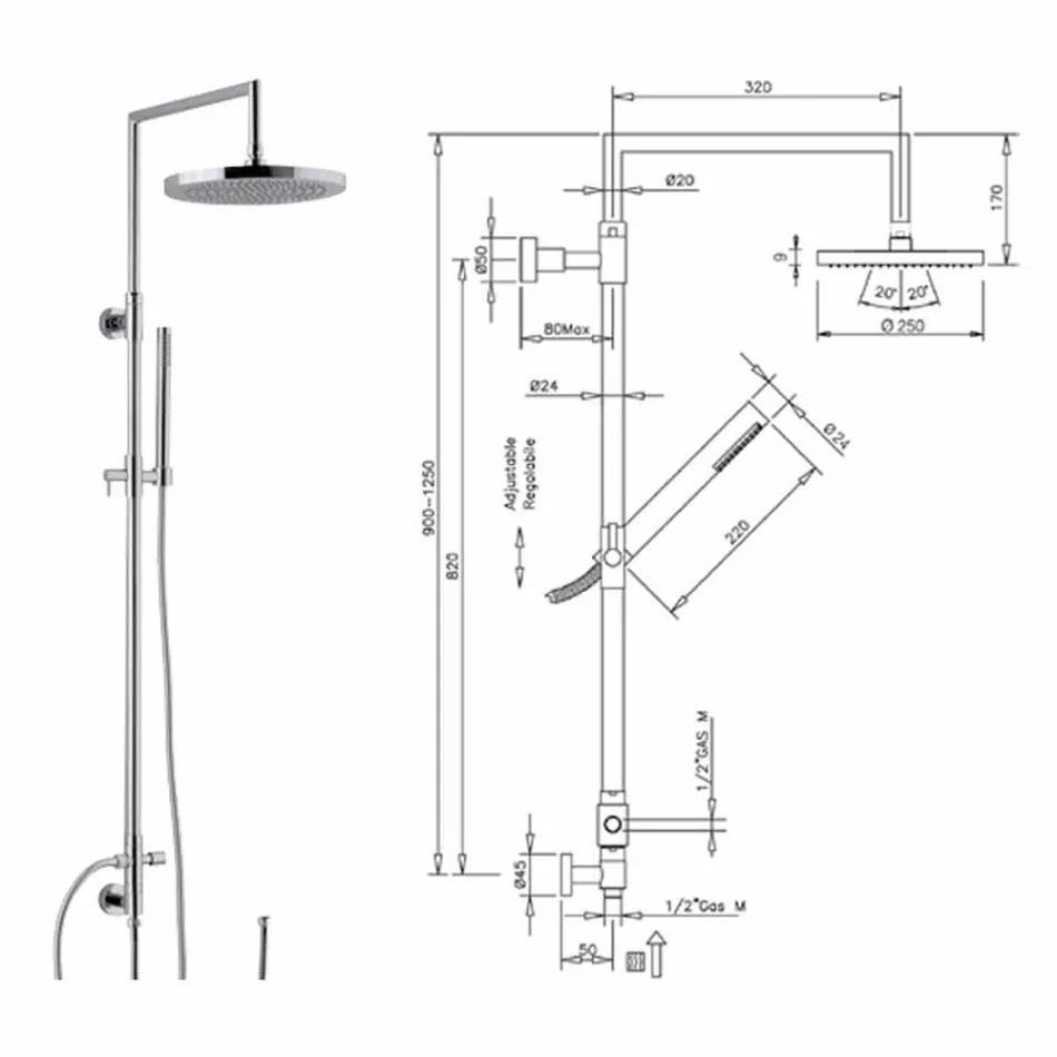 Duschsäule aus verchromtem Messing mit Bauchmuskel-Handbrause made in Italy - Selvio Viadurini