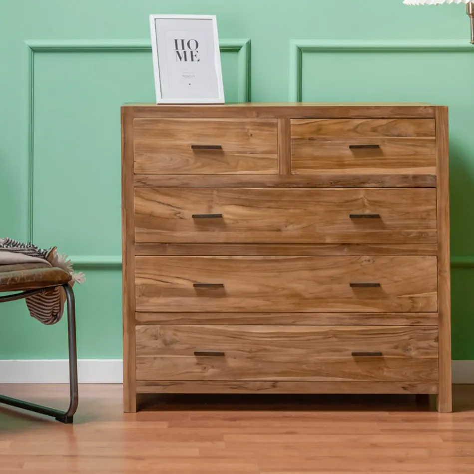 Kommode aus massivem Teakholz mit 5 Schubladen - Tang Viadurini