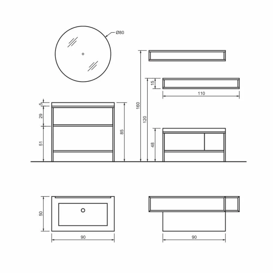 Zusammensetzung 5 freistehende Badezimmermöbel aus Metall, Ecolegno und Luxussteinzeug - Cizco Viadurini