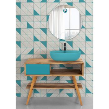 Blaue Badezimmerkomposition mit Teak-Bodenschrank und Zubehör - Sylviane