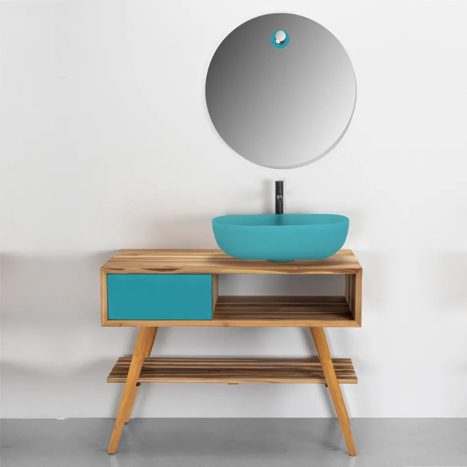 Blaue Badezimmerkomposition mit Teak-Bodenschrank und Zubehör - Sylviane Viadurini