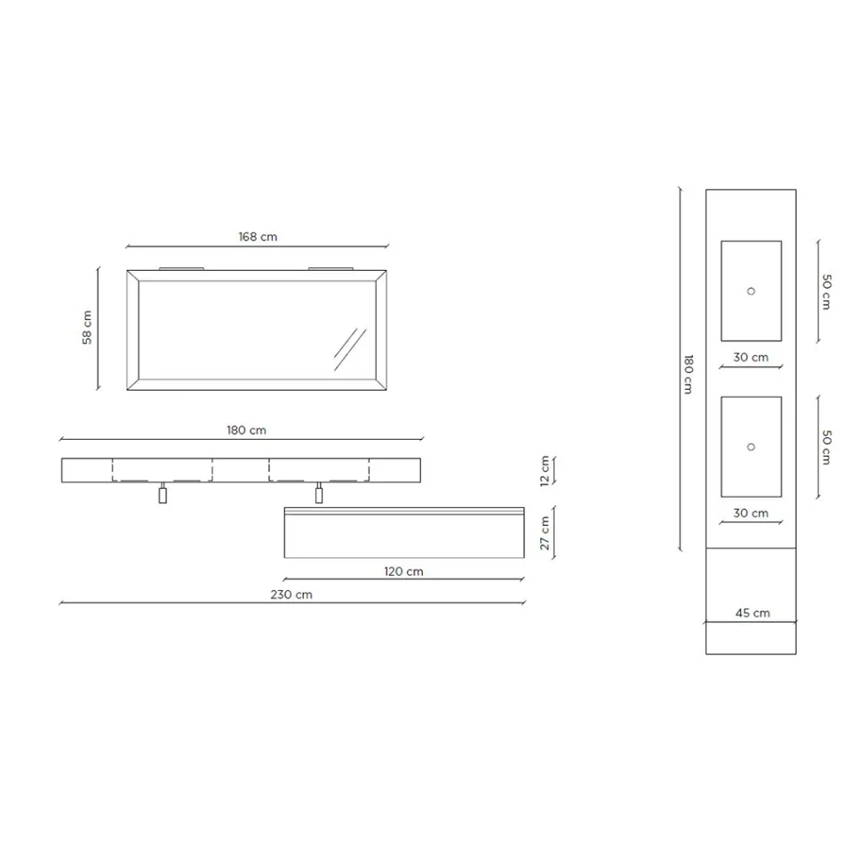 Badezimmerkomposition komplett mit Spiegel und Doppelwaschbecken, hergestellt in Italien – Palom Viadurini