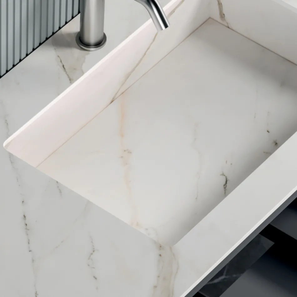 Badezimmer-Kombination mit 1 Unterschrank mit 1 Schublade und offenem Fach sowie Spiegel - Titan Viadurini