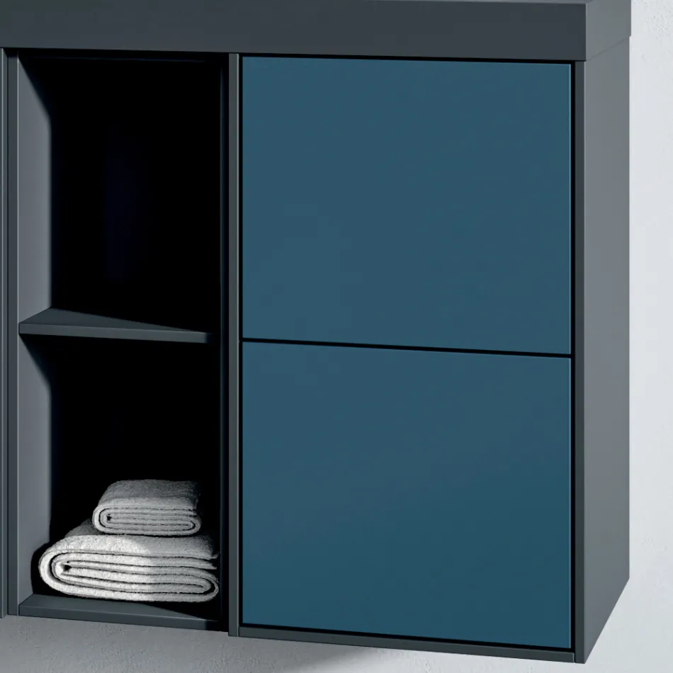 Badezimmerausstattung mit 4 Schubladen in Avio-Blau, Spiegel und Waschbecken - Velaria Viadurini