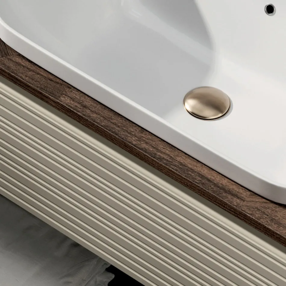 Badezimmer-Komposition mit 4 Schubladen, Waschbecken, Spiegel und offenen Regalen - Elios Viadurini