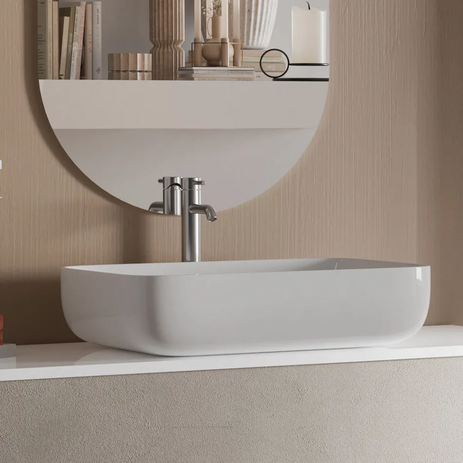 Badezimmerkomposition mit Sockel aus Havanna-Stein, Spiegel und Waschbecken, hergestellt in Italien – Kilos Viadurini